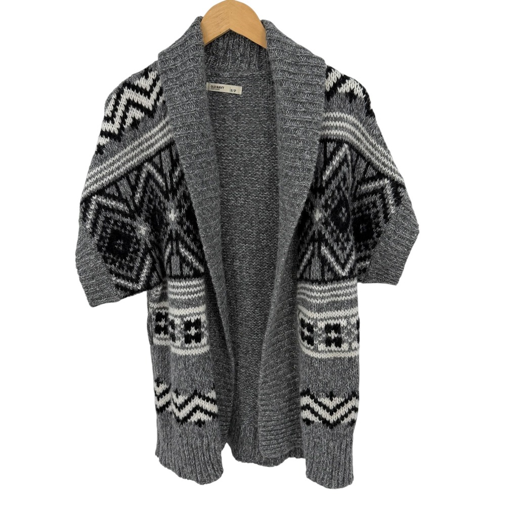 Old Navy Cardigan Women S Gray Wool Blend Fair Isle Short Sleeve Nordic Sweater